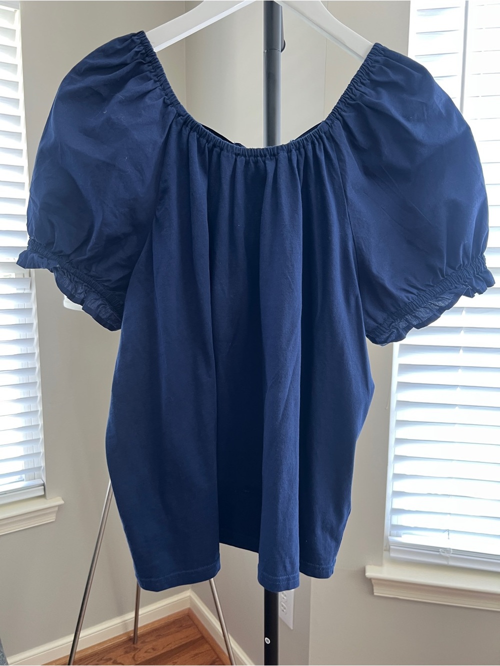 J.crew Factory Navy Puff-Sleeve Women’s Top - Comfortable Off-Shoulder Style